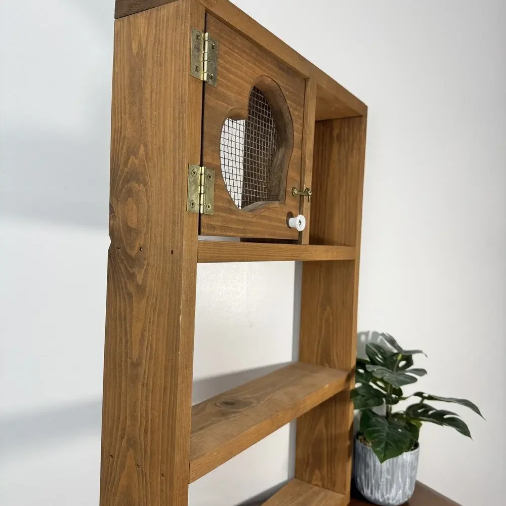 Rustic Wood Wall Shelf with Heart Door & Mesh Trinkets CottageCore